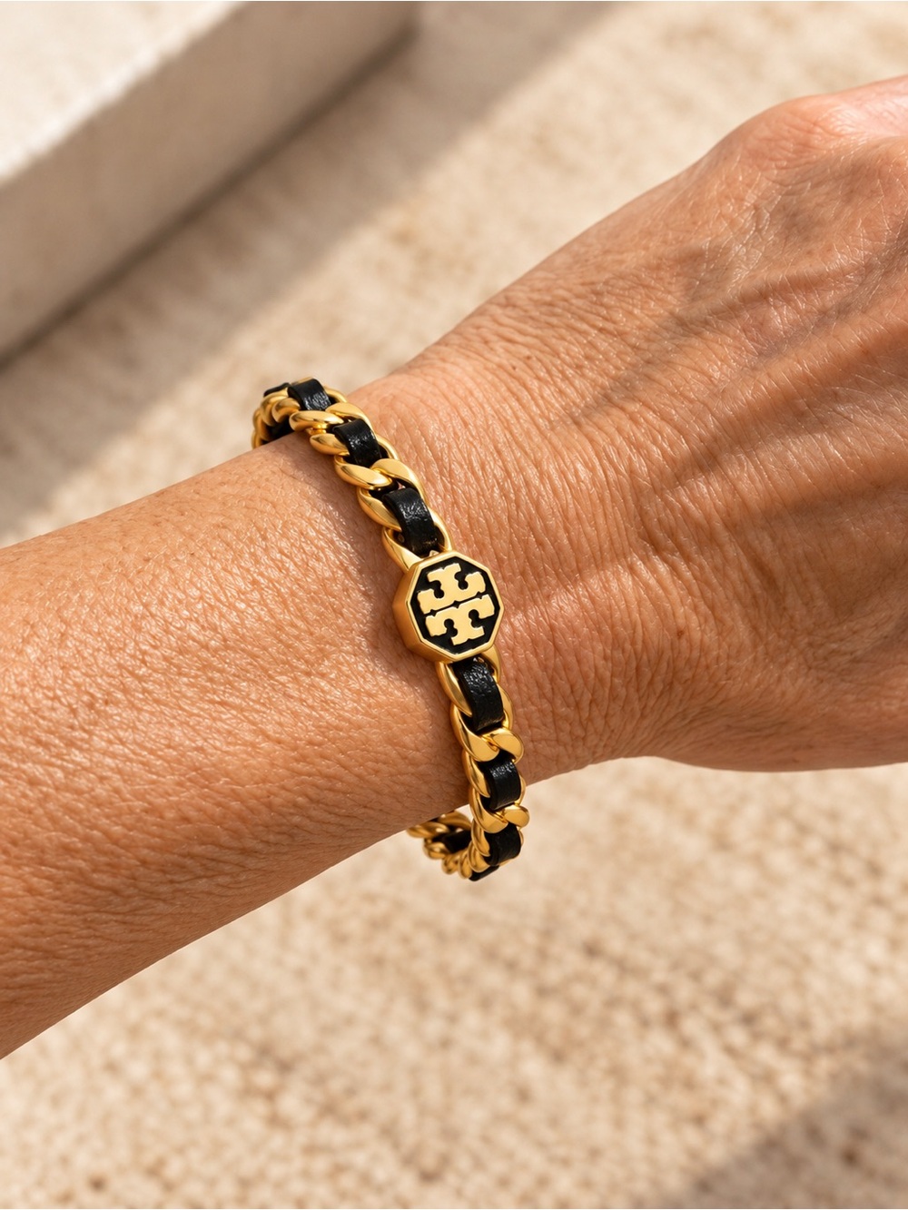 Tory Burch Marion Woven Chain Cuff Bracelet – Black & Gold – NWT